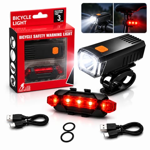 Kit d'Éclairage LED Avant et Arrière Rechargeable par USB pour Vélo HY035 - طقم إضاءة ليد ساطع للدراجات الأمامية والخلفية قابلة لإعادة الشحن