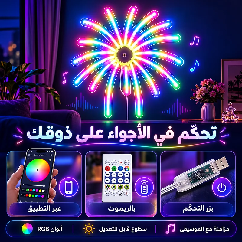 Décoration Murale Néon LED RGB Effet Feu d’Artifice —Contrôle par Application et Télécommande - لوحة نيون LED بألوان RGB تحكم بالتطبيق والريموت - Électronique - صورة 7