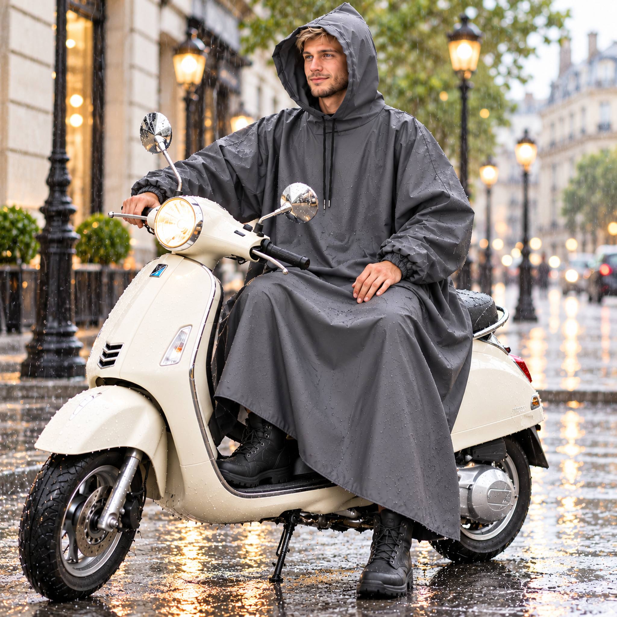 Poncho de Pluie à Capuche pour Conducteur de Vespa – معطف مطر طويل بقبعة لسائق السكوتر