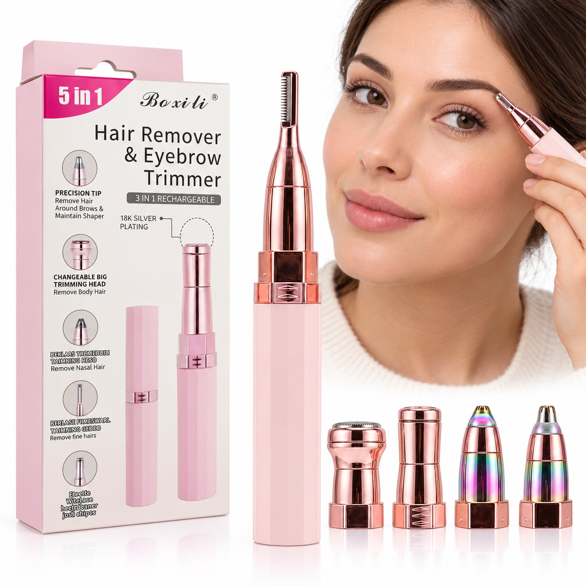 Épilateur Féminin 5 en 1 Rechargeable USB Boxili – جهاز إزالة الشعر النسائي 5 في 1 قابل للشحن مع 5 رؤوس متعددة الاستعمالات