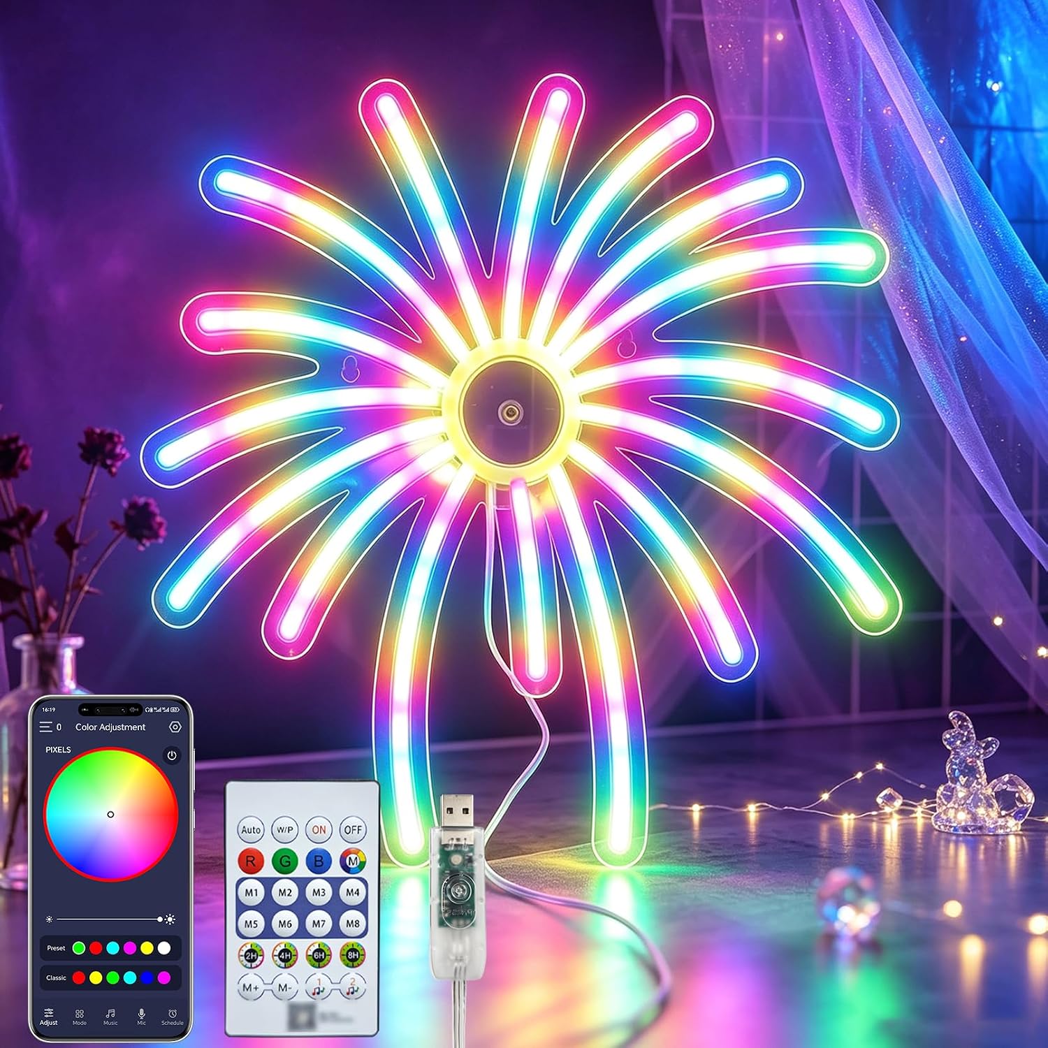 Décoration Murale Néon LED RGB Effet Feu d’Artifice —Contrôle par Application et Télécommande - لوحة نيون LED بألوان RGB تحكم بالتطبيق والريموت