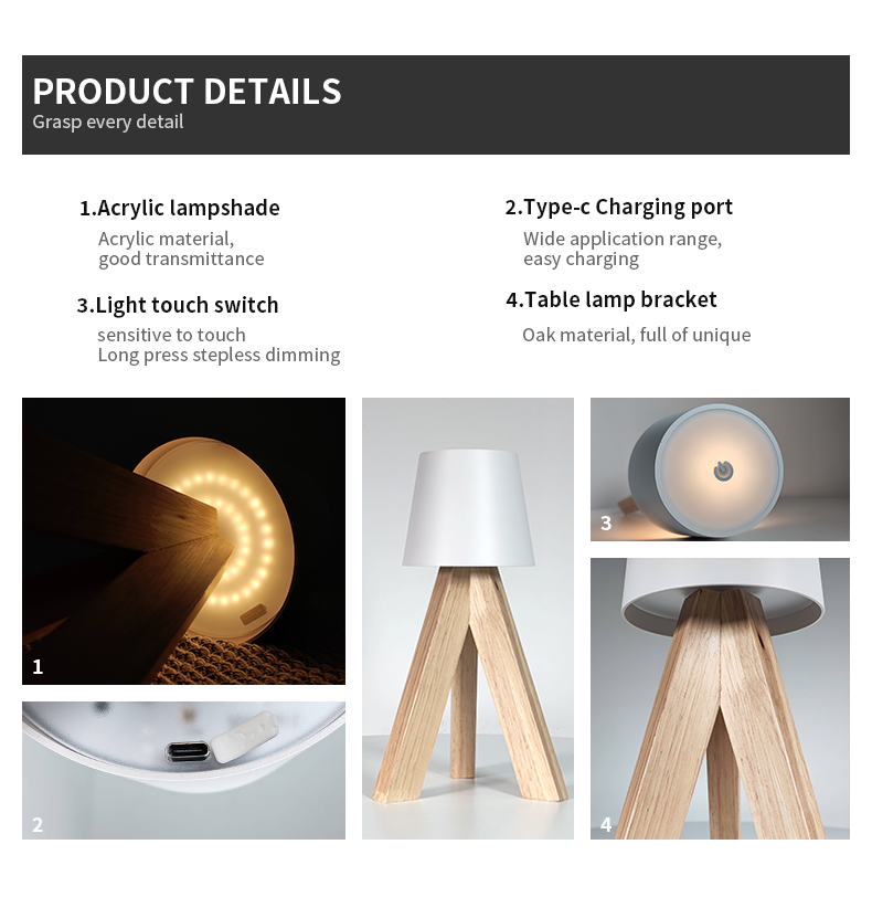 Lampe de Table LED Décorative en Bois, Rechargeable et Tactile — مصباح طاولة خشبي ديكوري قابل للشحن بالتحكم باللمس - Décoration - صورة 8