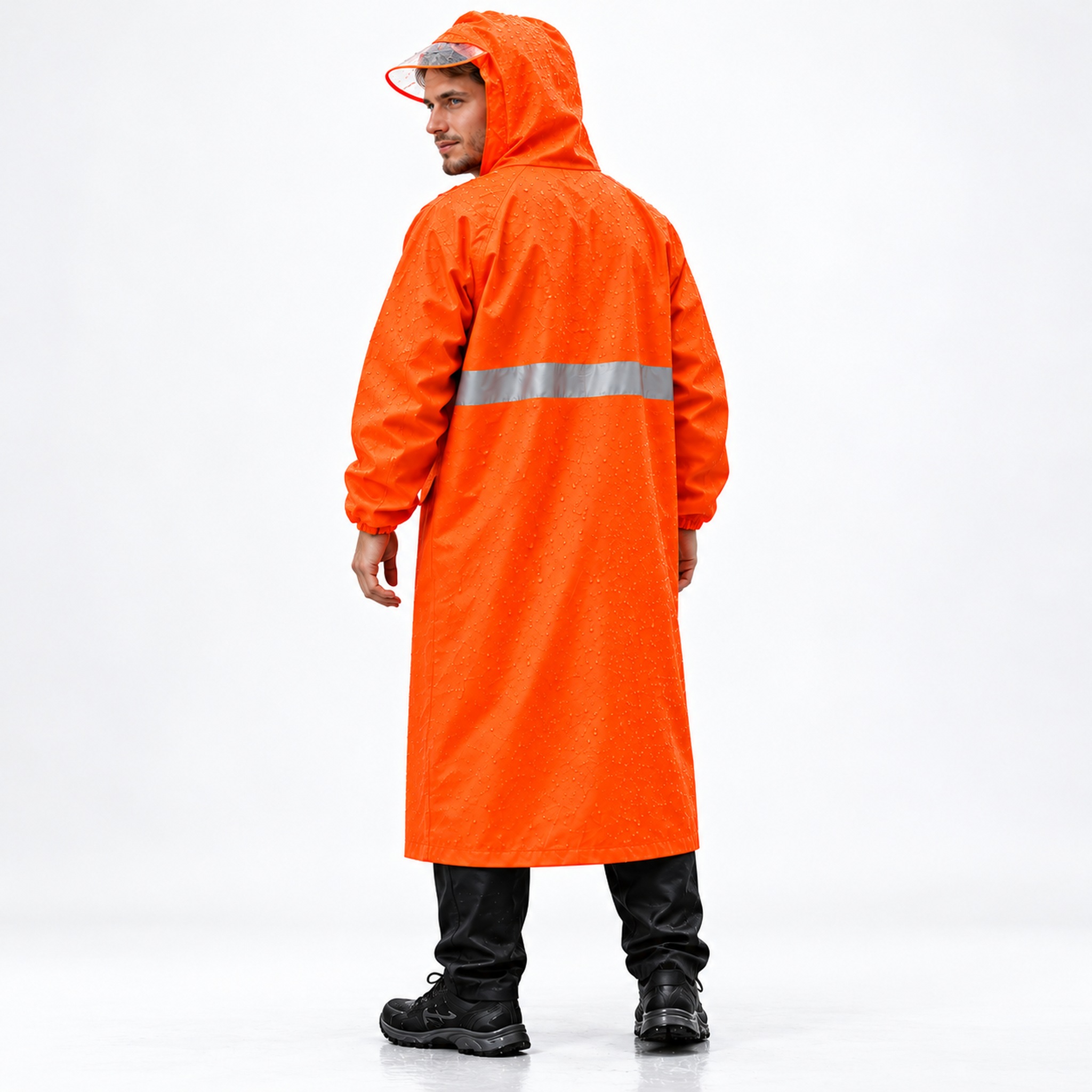 Imperméable Long Orange avec Capuche Transparente et Bandes Réfléchissantes - معطف مطر طويل بقبعة شفافة وعواكس ضوئية