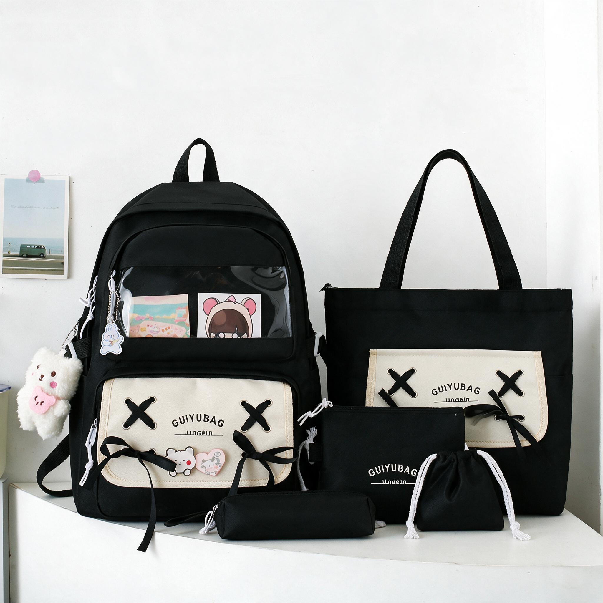 Sac à Dos Multifonctionnel Kawaii Grand Volume Imperméable et Résistant 5Pcs Noir SACKDS11N - حقيبة ظهر بعدة قطع بتصميم كاوايي