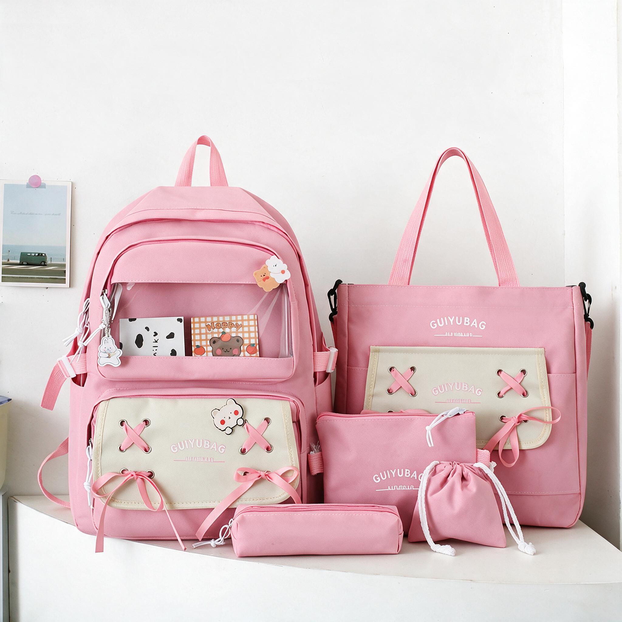 Sac à Dos Multifonctionnel Kawaii Grand Volume Imperméable et Résistant 5Pcs Rose SACKDS11RS - حقيبة ظهر بعدة قطع بتصميم كاوايي - Sac à dos et Mode - صورة 1