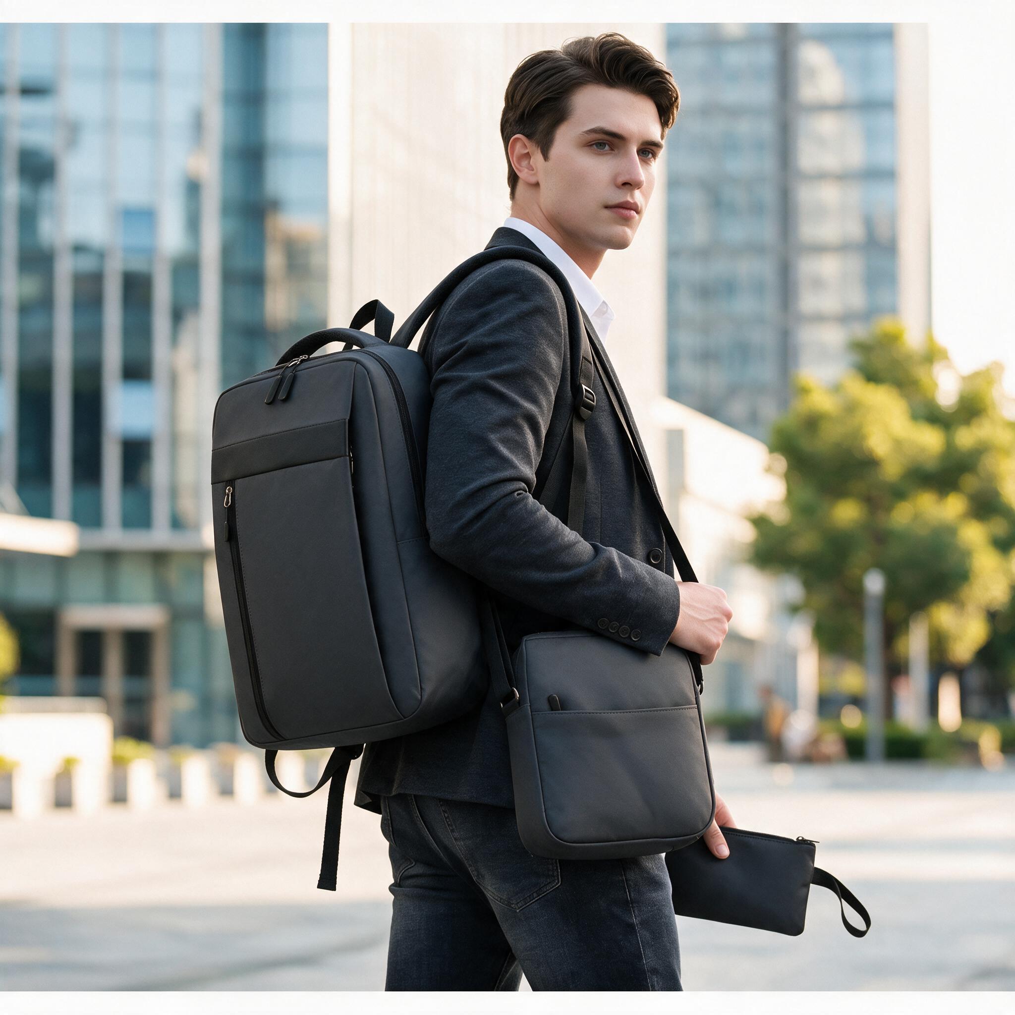 Ensemble 3 PCS sac a dos Élégant et Imperméable pour Homme Avec Port USB Gris Mat-02 - طقم حقائب رجالية أنيقة 3 في 1 مع منفذ شحن - Sac à dos et Mode - صورة 3
