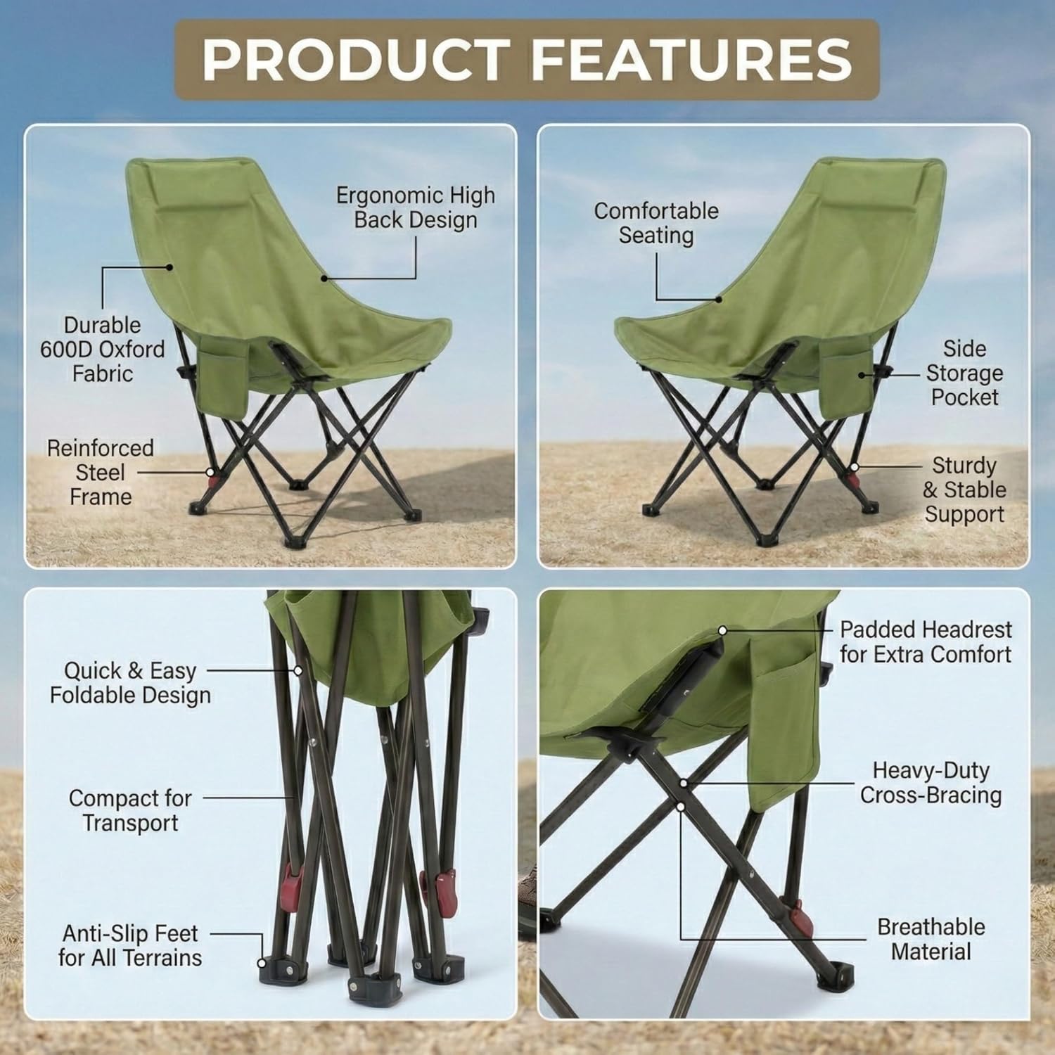 Chaise de Camping Pliante avec Dossier Réglable - كرسي تخييم بظهر عالي مريح قابل لتمديد - Vacance & Loisir - صورة 8