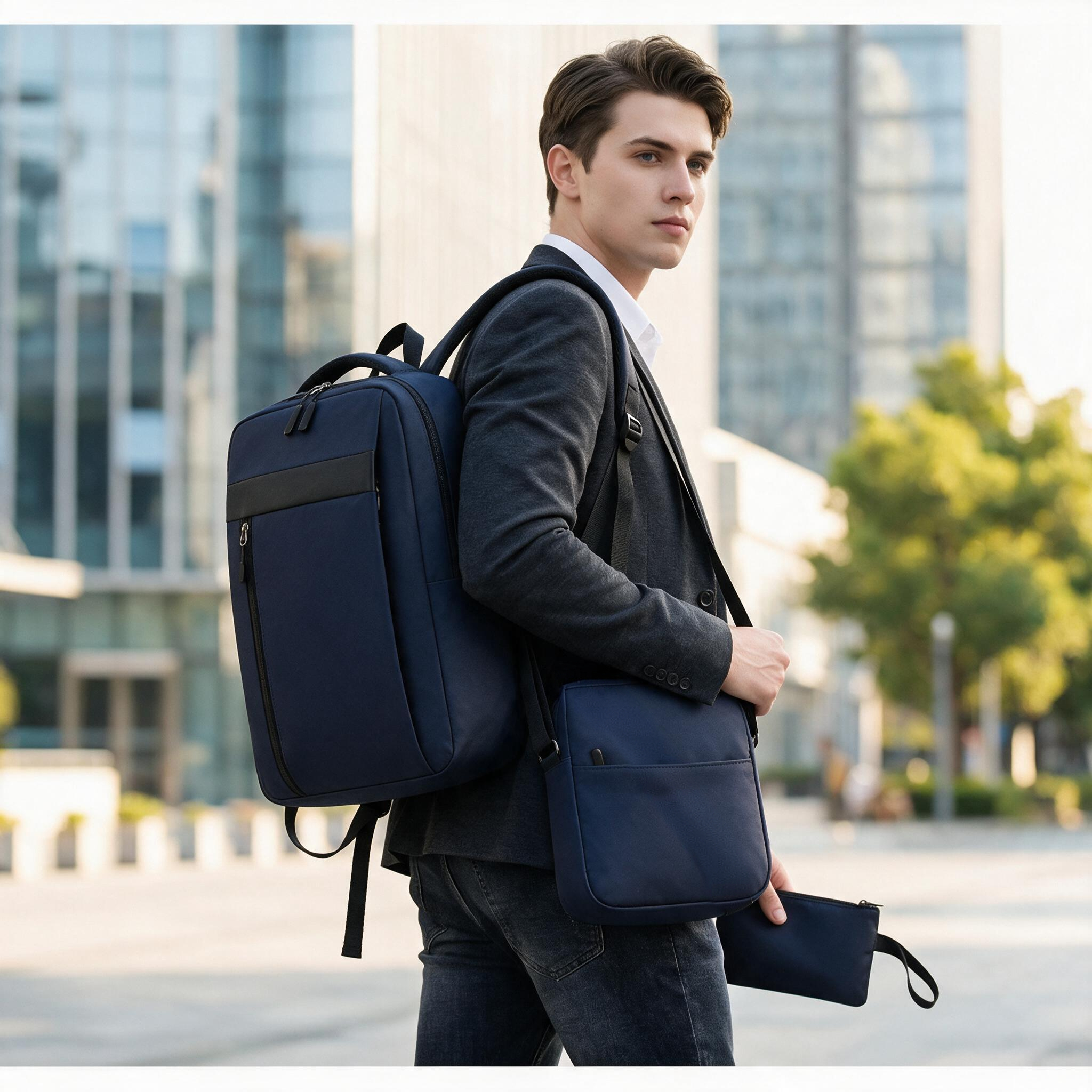 Ensemble 3 PCS sac a dos Élégant et Imperméable pour Homme Avec Port USB Bleu Mat-02 - طقم حقائب رجالية أنيقة 3 في 1 مع منفذ شحن - Sac à dos et Mode - صورة 3
