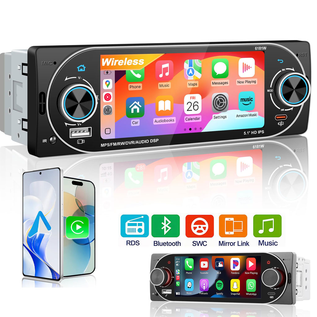 Autoradio 1Din Écran Tactile 5" IPS - Apple CarPlay et Android Auto Sans Fil Charge Rapide Type-C - راديو سيارة ذكي بشاشة لمس 5 بوصة تدعم و لاسلكيًا - Accessoires Auto/Moto - صورة 1