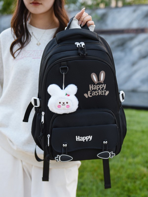 Sac à Dos Scolaire Motif Lapin Happy Easter Ergonomique Tissu Imperméable Noir SACKDS31N - حقيبة ظهر مدرسية وعصرية بتصميم الأرنب اللطيف - Sac à dos et Mode - صورة 3
