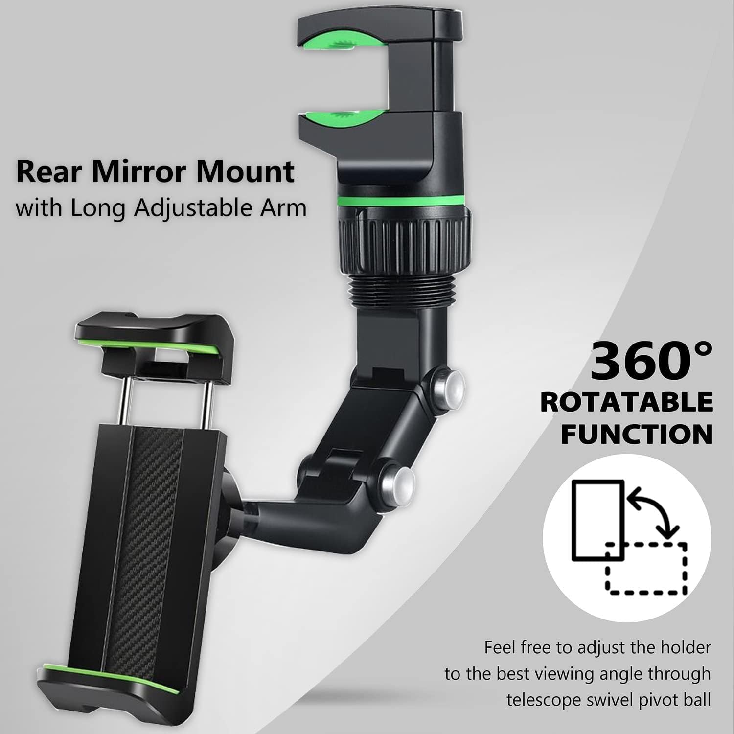 Support Téléphone Voiture pour Rétroviseur Rotation 360°, Bras Long Ajustable  - حامل هاتف لمرآة الرؤية الخلفية للسيارة مع دوران 360° وذراع قابل للتعديل