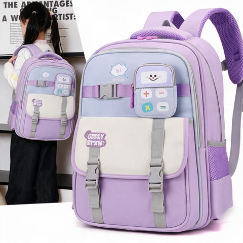 Sac à Dos Scolaire Enfant avec Trousse Motif Calculatrice Tissu Imperméable Mauve SACKDS34MV - حقيبة ظهر مدرسية للأطفال