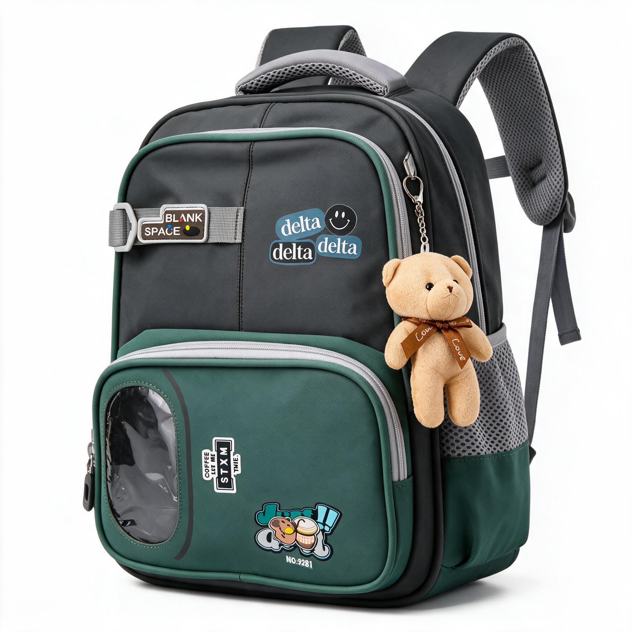 Sac à Dos Scolaire Delta Design Ergonomique avec Trousse et Pendentif Ours Inclus Gris SACKDS35GR - حقيبة ظهر مدرسية عصرية مع مقلمة مدمجة