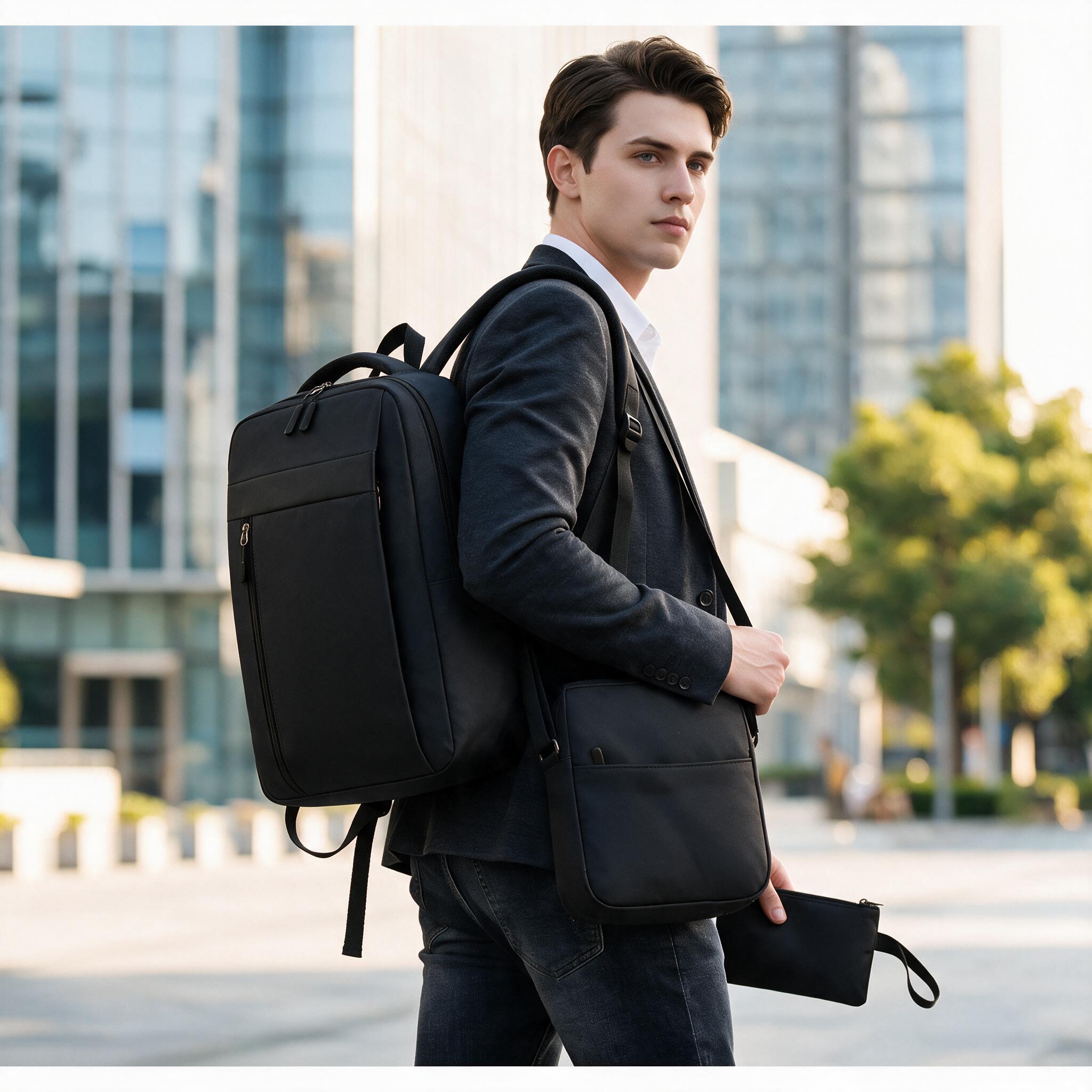 Ensemble 3 PCS sac a dos Élégant et Imperméable pour Homme Avec Port USB Noir Mat-02 - طقم حقائب رجالية أنيقة 3 في 1 مع منفذ شحن - Sac à dos et Mode - صورة 3