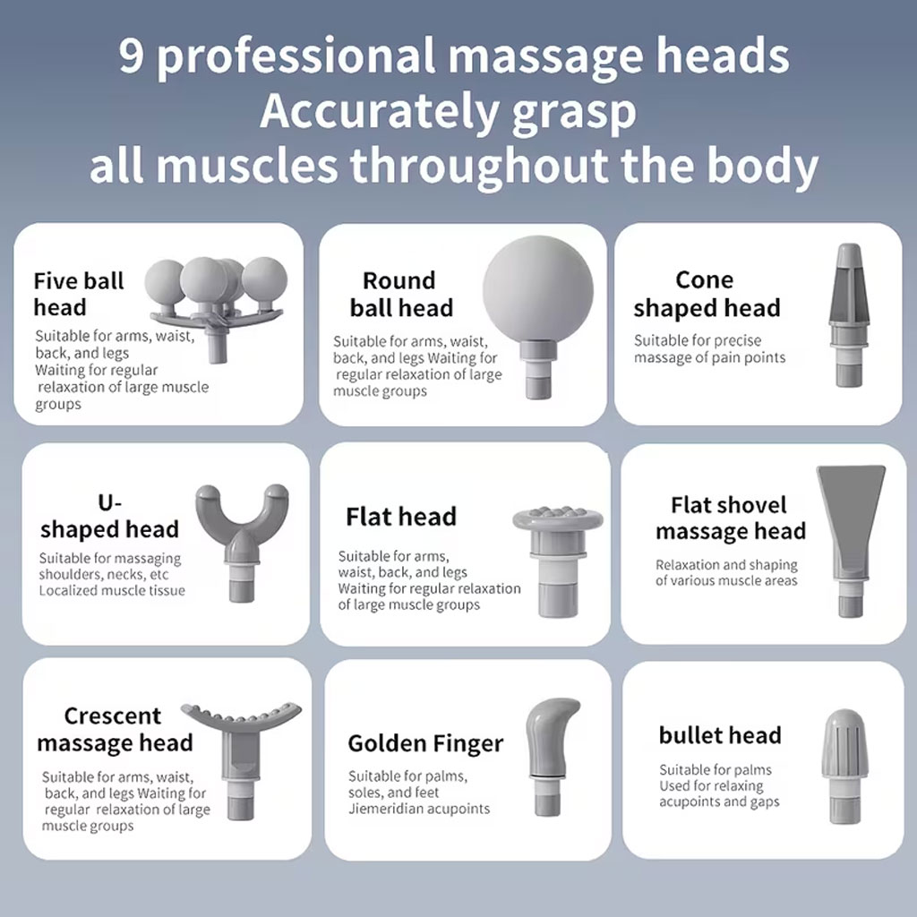 Pistolet de Massage Professionnel avec 9 Têtes Interchangeables pour Relaxation Totale - جهاز تدليك الجسم الاحترافي بـ 9 رؤوس لتدليك الأنسجة العميقة - Soins et Beauté - صورة 13