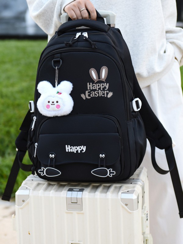 Sac à Dos Scolaire Motif Lapin Happy Easter Ergonomique Tissu Imperméable Noir SACKDS31N - حقيبة ظهر مدرسية وعصرية بتصميم الأرنب اللطيف - Sac à dos et Mode - صورة 2